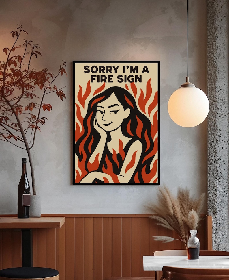 Fire Sign Zodiac Art Print, Retro Astrology Poster, Aries, Leo, Sagittarius, Wall Art image 1