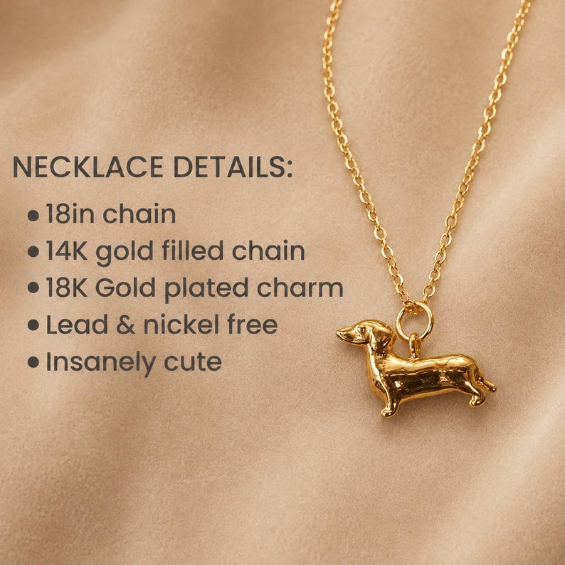 May include: A gold-coloured necklace featuring a dachshund charm. The chain is approximately 45.7 cm long and the charm is gold-plated. The chain is 14K gold filled and the necklace is lead and nickel free.