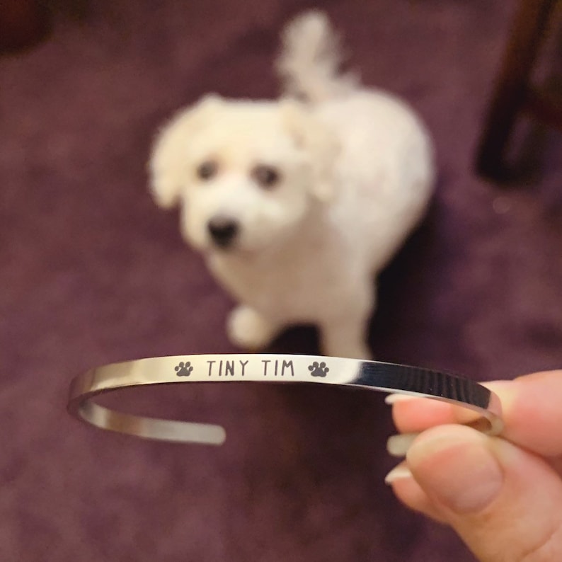 May include: A silver-colored cuff bracelet with the words "TINY TIM" and paw prints engraved on it. The bracelet is open-ended and has a polished finish. A small white dog is in the background, out of focus.
