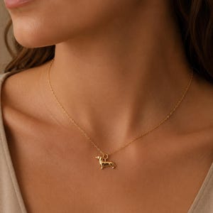 May include: A gold-coloured necklace with a dachshund pendant. The pendant is a detailed miniature of the dog breed. The necklace is worn around the neck, and the chain is delicate and thin.