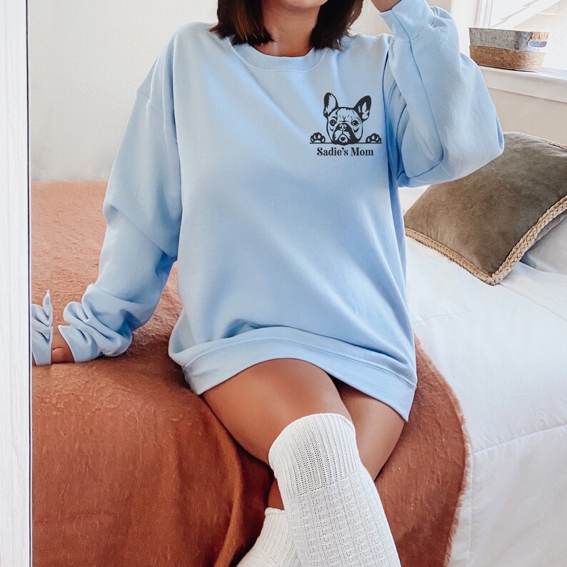 May include: A light blue sweatshirt with a graphic of a French bulldog peeking over the top of a sign that says "Sadie's Mom".
