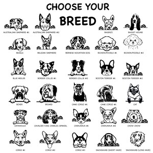 May include: Black and white illustrations of various dog breeds peeking over a white surface. Each breed is labeled with its name and number. The text "Choose Your Breed" is at the top of the image.