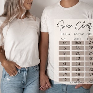 May include: Size chart for Bella + Canvas 3001 t-shirts, showing width and length measurements in inches for sizes XS to 4X.