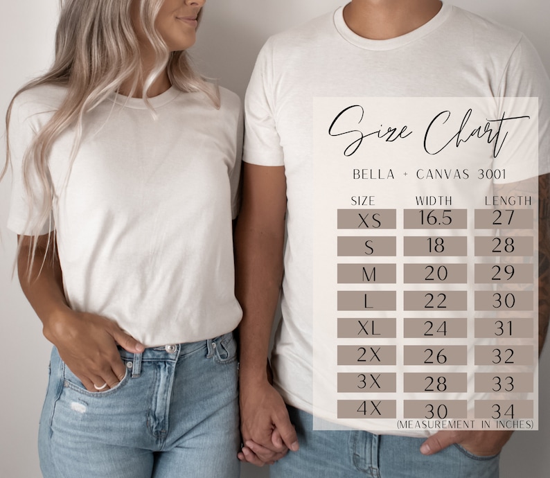 May include: Size chart for Bella + Canvas 3001 t-shirts, showing width and length measurements in inches for sizes XS to 4X.