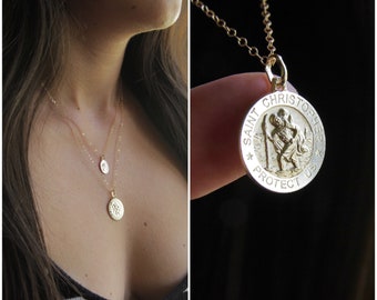 Saint Christopher Necklace | st Christopher | Gold Coin Necklace | Protection Necklace | Catholic Necklace | Dainty Coin Necklace |