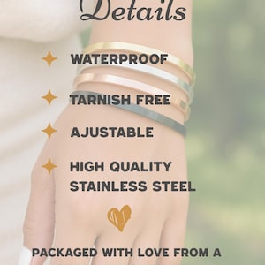 May include: A hand wearing several stainless steel bracelets in gold, silver, rose gold, and dark gray. The image includes the text "Details", "Waterproof", "Tarnish Free", "Adjustable", and "High Quality Stainless Steel".