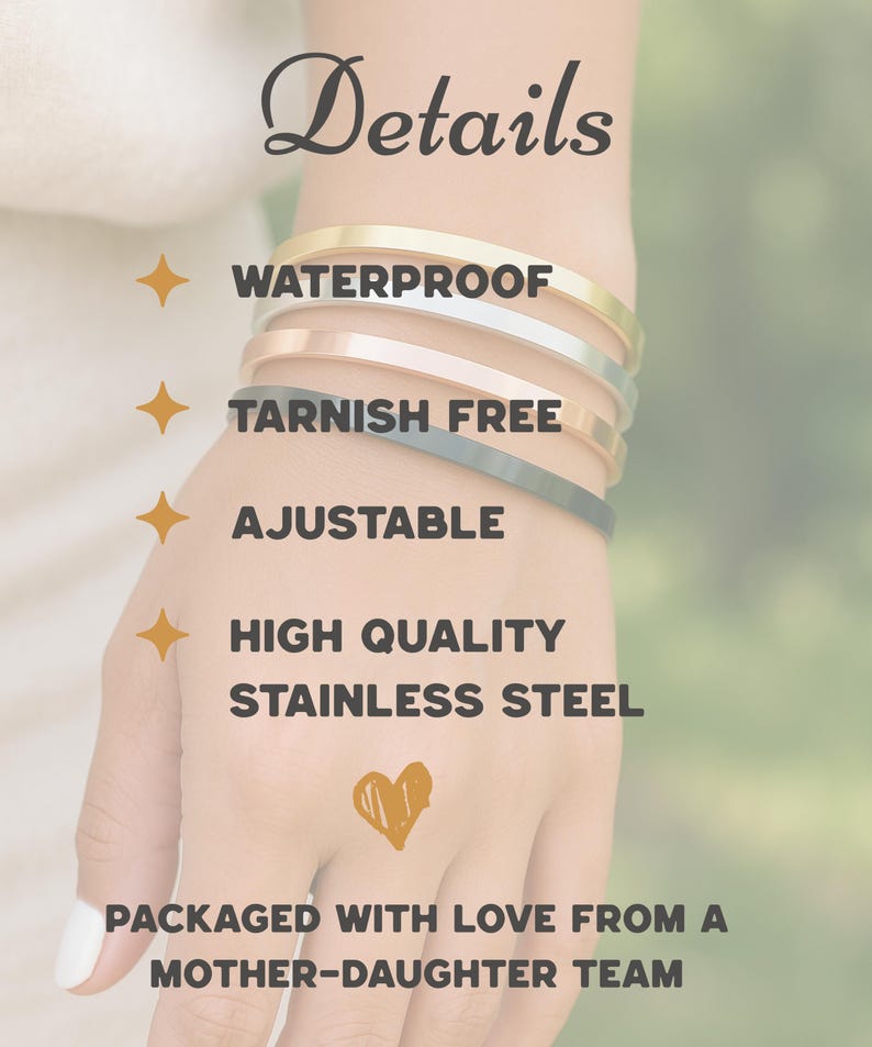 May include: A hand wearing several stainless steel bracelets in gold, silver, rose gold, and dark gray. The image includes the text "Details", "Waterproof", "Tarnish Free", "Adjustable", and "High Quality Stainless Steel".