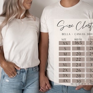 May include: Size chart for Bella + Canvas 3001 t-shirts, showing width and length measurements in inches for sizes XS to 4X.