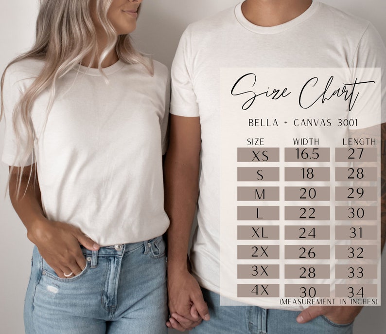 May include: Size chart for Bella + Canvas 3001 t-shirts, showing width and length measurements in inches for sizes XS to 4X.