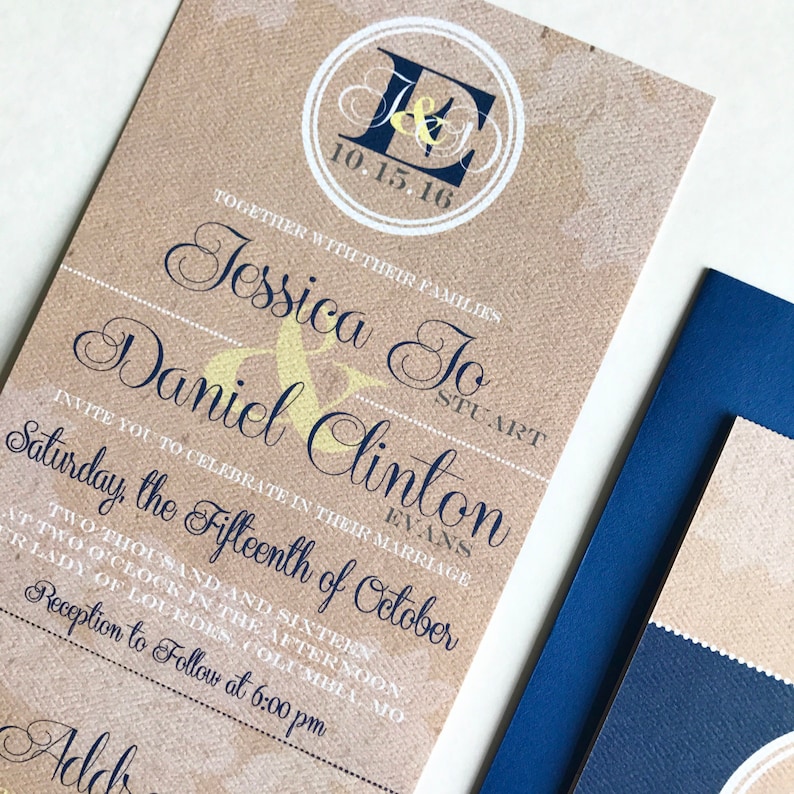 lace and Burlap Tri-fold with attached RSVP Deposit to get started All-N-One wedding Invitation Navy