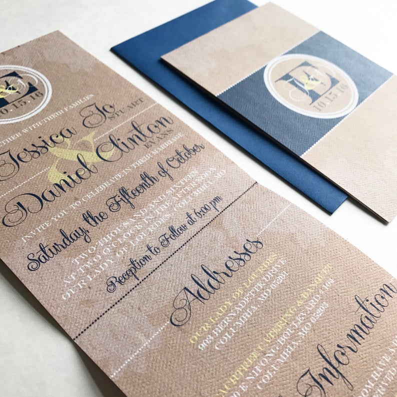 lace and Burlap Tri-fold with attached RSVP Deposit to get started All-N-One wedding Invitation Navy