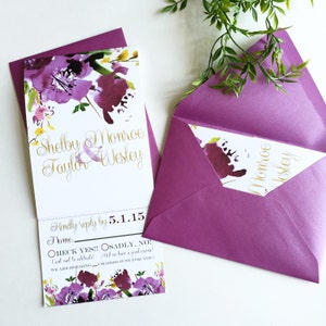 Purple floral | All-N-One wedding Invitation | Tri-fold with attached RSVP | Deposit to get started