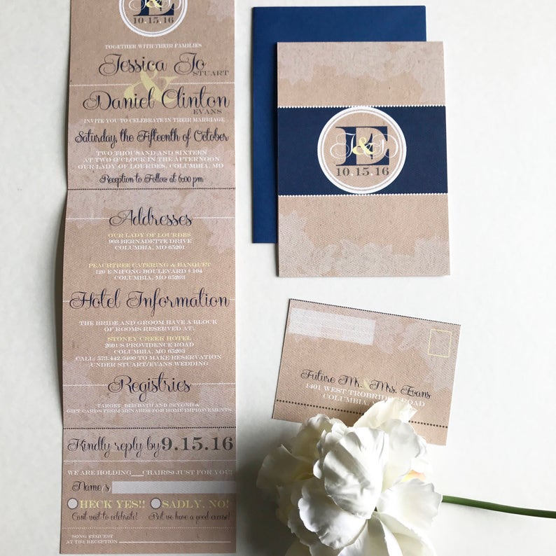 lace and Burlap Tri-fold with attached RSVP Deposit to get started All-N-One wedding Invitation Navy
