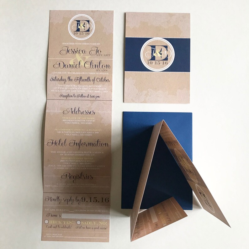 lace and Burlap Tri-fold with attached RSVP Deposit to get started All-N-One wedding Invitation Navy