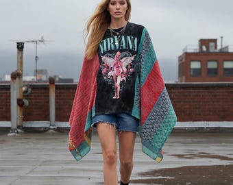 Nirvana Upcycled Tee, Kantha Poncho, Boho Grunge Top, Rocker Concert Outfit, One of a Kind Festival Clothing