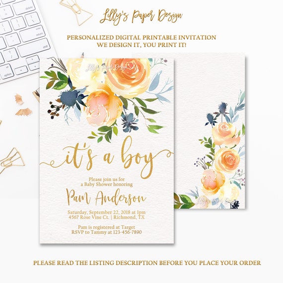 Floral Baby Shower Invitation, Watercolor Floral, Boho, Fall, Roses, It's a Boy, Blue Floral, Orange and Blue Rustic Boy Baby Shower Il_570xn