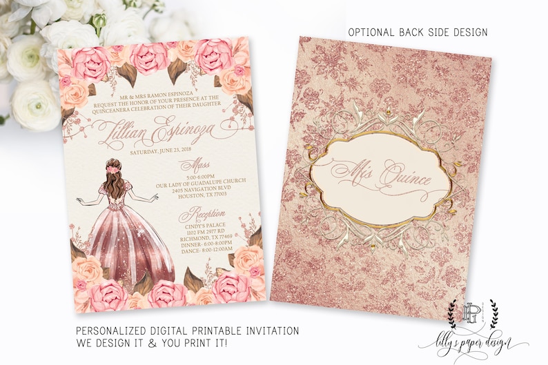 Rose Gold Quinceañera Invitation Quince Sweet Fifteen Mis Etsy