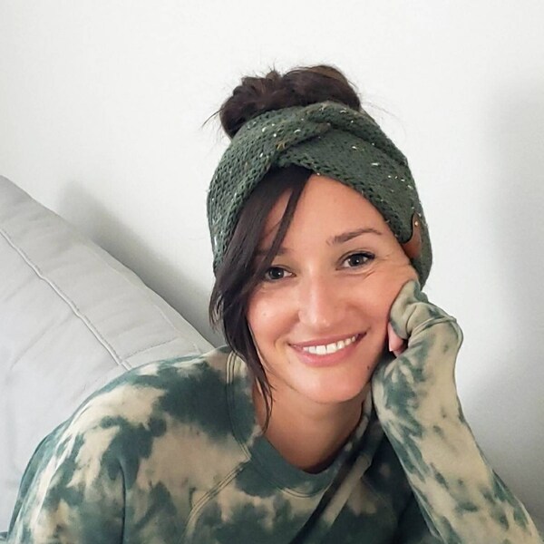 Knit Twisted Head Wrap / Ear Warmer, Green Tweed