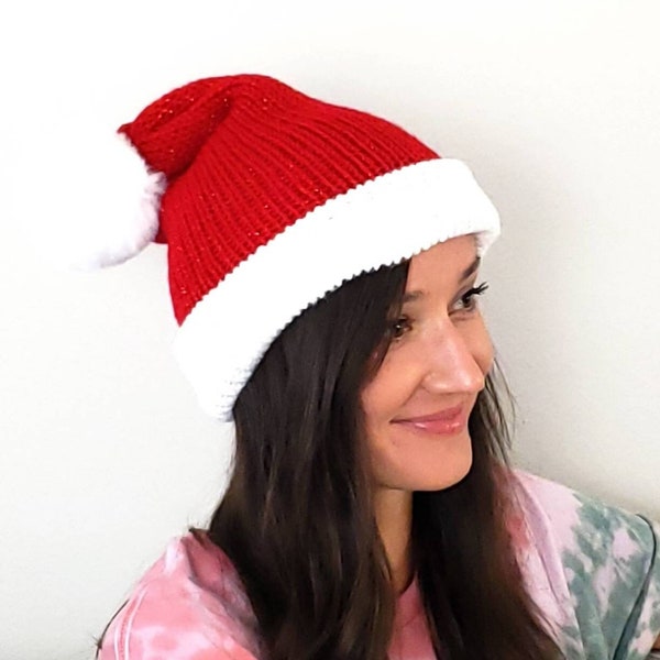 Christmas Knit Beanie Hat, Sparkly Red and White, Faux Fur Pompom