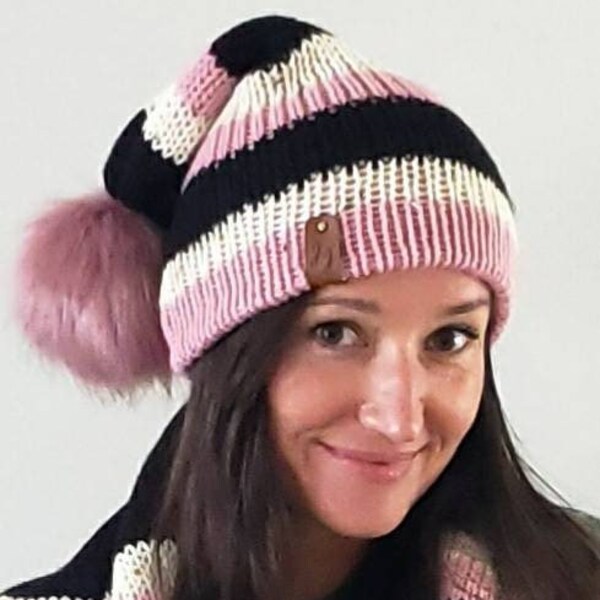 Knit Beanie Hat, Black/Pink/Beige Tweed, Faux Fur Pompom