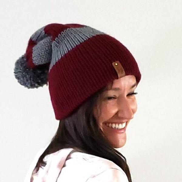 Knit Beanie Hat, Burgundy/Gray, Yarn Pompom