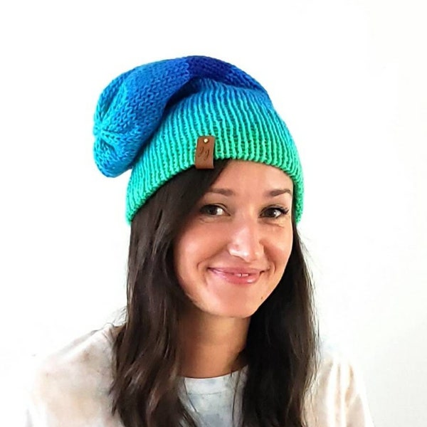 Reversible Knit Beanie Hat Blue/Green