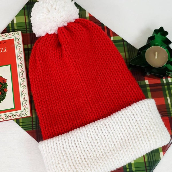 Holiday Knit Beanie Hat, Red and White, Yarn Pompom