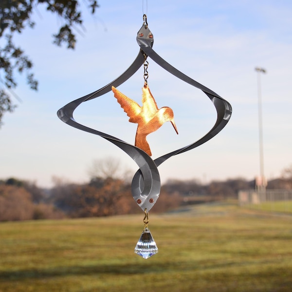 Blemished Hummingbird Wind Spinner with Crystal Suncatcher - Copper & Aluminum Yard Art
