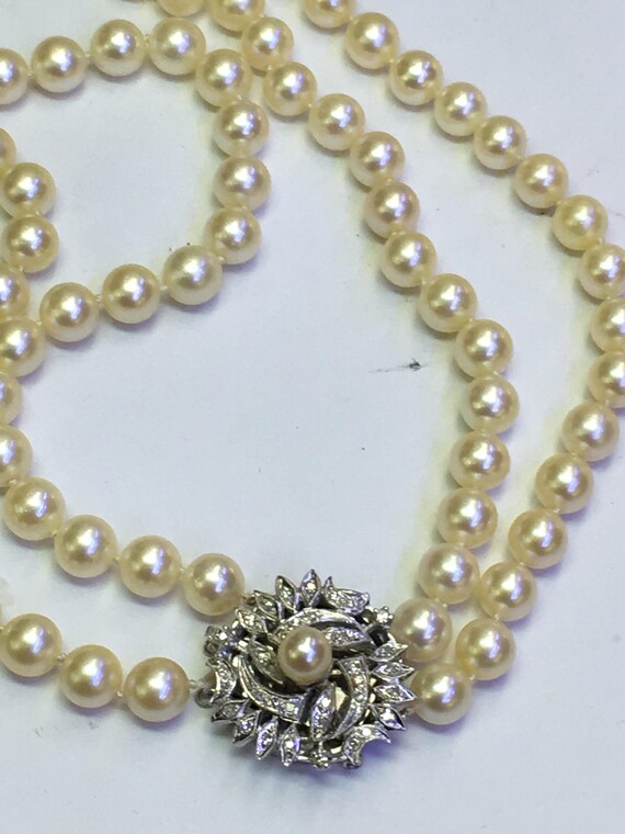 14k white gold and diamonds clasp pearl double strand necklace Etsy