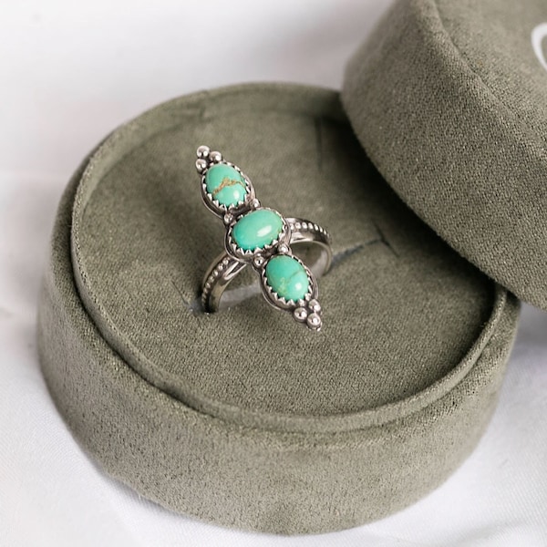 Triple Stone Kingman Turquoise Ring - Made-to-size - 925 Sterling Silver Jewelry