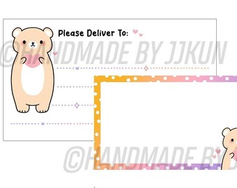 May include: Two bear-shaped stickers with pink hearts. The larger sticker is 3.5 inches by 2 inches and features a bear holding a heart. The smaller sticker is 2.6 inches by 1.4 inches and features a bear holding a heart. The text "Please Deliver To:" is on the larger sticker.