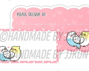 Kawaii Budgie & Cockatiel Love Birb Couple Pink Heart Pet Bird Blank "Please Deliver To" PDT Mailing Return Address Label Sticker Flakes