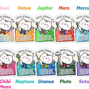 Sailor Moon Kitty Cat Neko Pet Anime Pretty Soldier Senshi Colorful Rainbow Snail Mail Custom Return Mailing Address Label Sticker Flakes