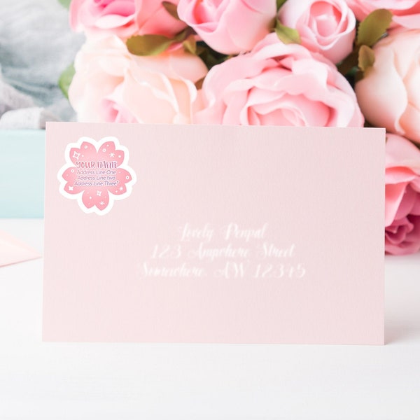 Pink & Gold Rose Pretty Sakura Flower Japanese Cherry Blossom Colorful Snail Mail Custom Return Mailing Address Label Sticker Flakes