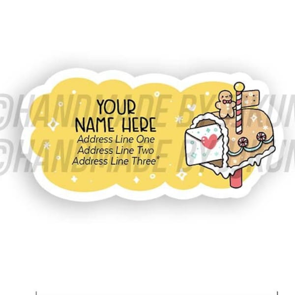 Gingerbread Mailbox Cute Kawaii Christmas Holiday XMAS Seasons Greetings Mail Box Custom Return Mailing Address Label Sticker Flakes