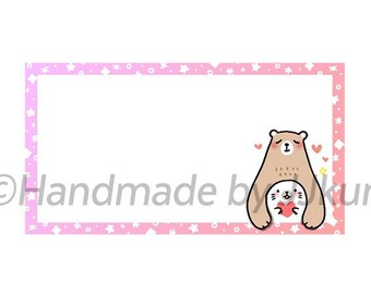 May include: A pink and white patterned card with a bear and a seal holding a heart. The card measures 2.6 inches by 1.4 inches.