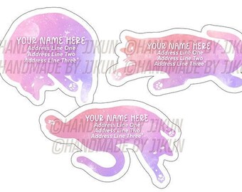 Lazy Kitty Cat Rose et violet pastel doux Galaxy Pet Neko Silhouette étiquette d'adresse de retour postale personnalisée autocollant flocons d'escargot