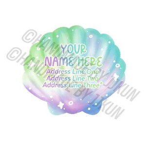 May include: A watercolor seashell sticker with a pastel green, blue, and purple color scheme. The sticker has the text "YOUR NAME HERE" and "Address Line One Address Line Two Address Line Three". The sticker is 1.3 inches tall and 1.5 inches wide.