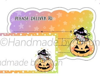 Halloween Witchy Mouse in Jack-o-lantern "Please Deliver To" PDT Blank Mailing Label Kawaii Cute Witch Pumpkin Holiday Sticker Flakes