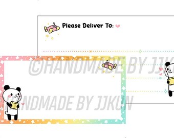 May include: Two panda bear stickers with rainbow borders. The larger sticker is 2 inches by 5 cm and says "Please Deliver To:". The smaller sticker is 2.6 inches by 6.5 cm and features a panda holding a small gift.