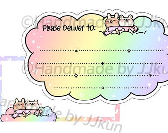 May include: A set of rainbow-colored stickers with a cloud-like shape, featuring the text "Please Deliver to:" and a cartoon illustration of two animals. The large sticker measures 3.7" x 1.8" (8.3cm x 4.8cm), and the small sticker is 2.6" x 1.4" (6.5cm x 3.5cm).
