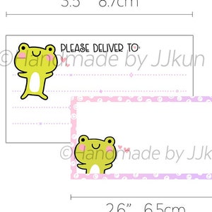 May include: Two frog stickers, one large and one small. The large sticker is 3.5 inches by 2 inches and features a yellow frog with pink cheeks. The small sticker is 2.6 inches by 1.4 inches and features a yellow frog with pink cheeks and a pink heart. Both stickers have a white polka dot pattern on a light purple background. The text "PLEASE DELIVER TO" is on the large sticker.