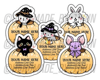 Pumpkin Black Cat Kitty Witch Panda Bat Bunny Mouse Jack-o-latern Halloween Kawaii Cute Custom SnailMail Return Address Label Sticker Flakes