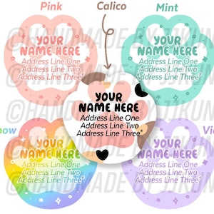 Etiqueta adhesiva con dirección de devolución personalizada para correo postal, con estampado de pata de gato, adorables y kawaii, con diseño de calicó, arcoíris, rosa, violeta y verde menta