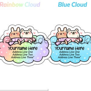 Cachecol de inverno aconchegante coelho e urso polar melhores amigos em uma nuvem arco-íris kawaii fofo personalizado carta de correio etiqueta de endereço de retorno adesivo flocos