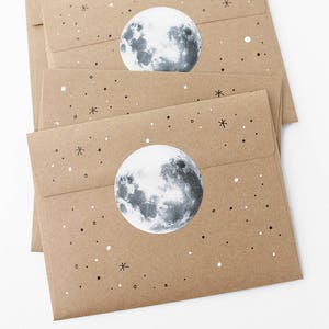 Luna piena luminosa, notte stellata, galassia cosmica, astrologia, spazio celeste, posta ordinaria, adesivi circolari, fiocchi e buste in carta kraft