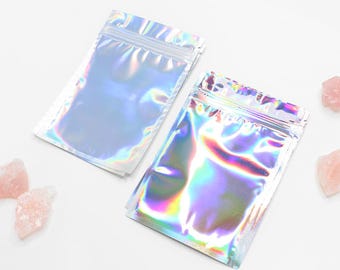 Iridescent Holo Plastic Resealable Thick Zip Closing Gift Treat Bag Holographic Synthwave Vaporwave Pop Set of 5 Bags
