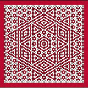 Puede incluir: Un patrón geométrico rojo y blanco con un diseño hexagonal repetitivo. El patrón está formado por pequeños círculos blancos sobre un fondo rojo.
