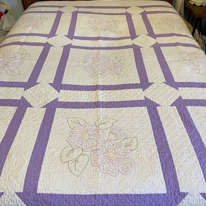 Vintage Purple Hand Embroidered Quilt