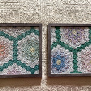 Vintage Grandmothers Flower Garden Quilt Block Framed Set of 2